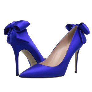 NIB SJP by Sarah Jessica Parker Lucille Bow Satin Pumps Blue EU 38.5 US 8 100mm